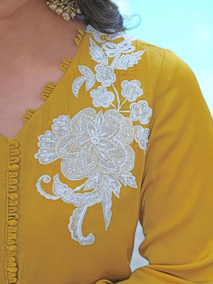 Mustard Yellow Hand Embroidery Modal Silk Straight Suit