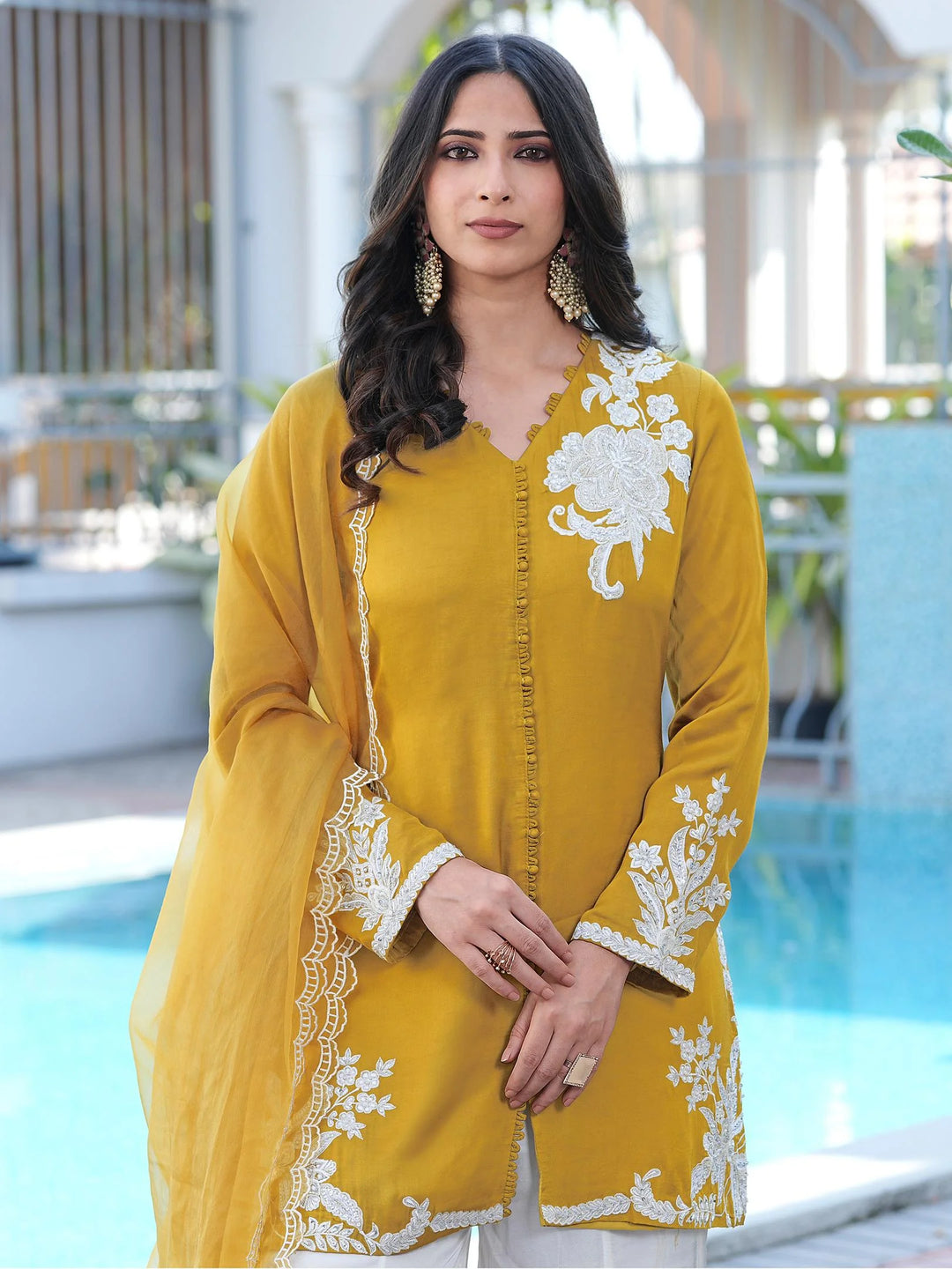 Mustard Yellow Hand Embroidery Modal Silk Straight Suit