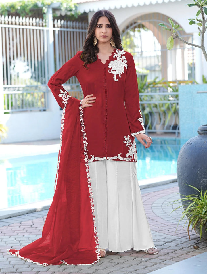 Maroon Hand Embroidery Modal Silk Straight Suit