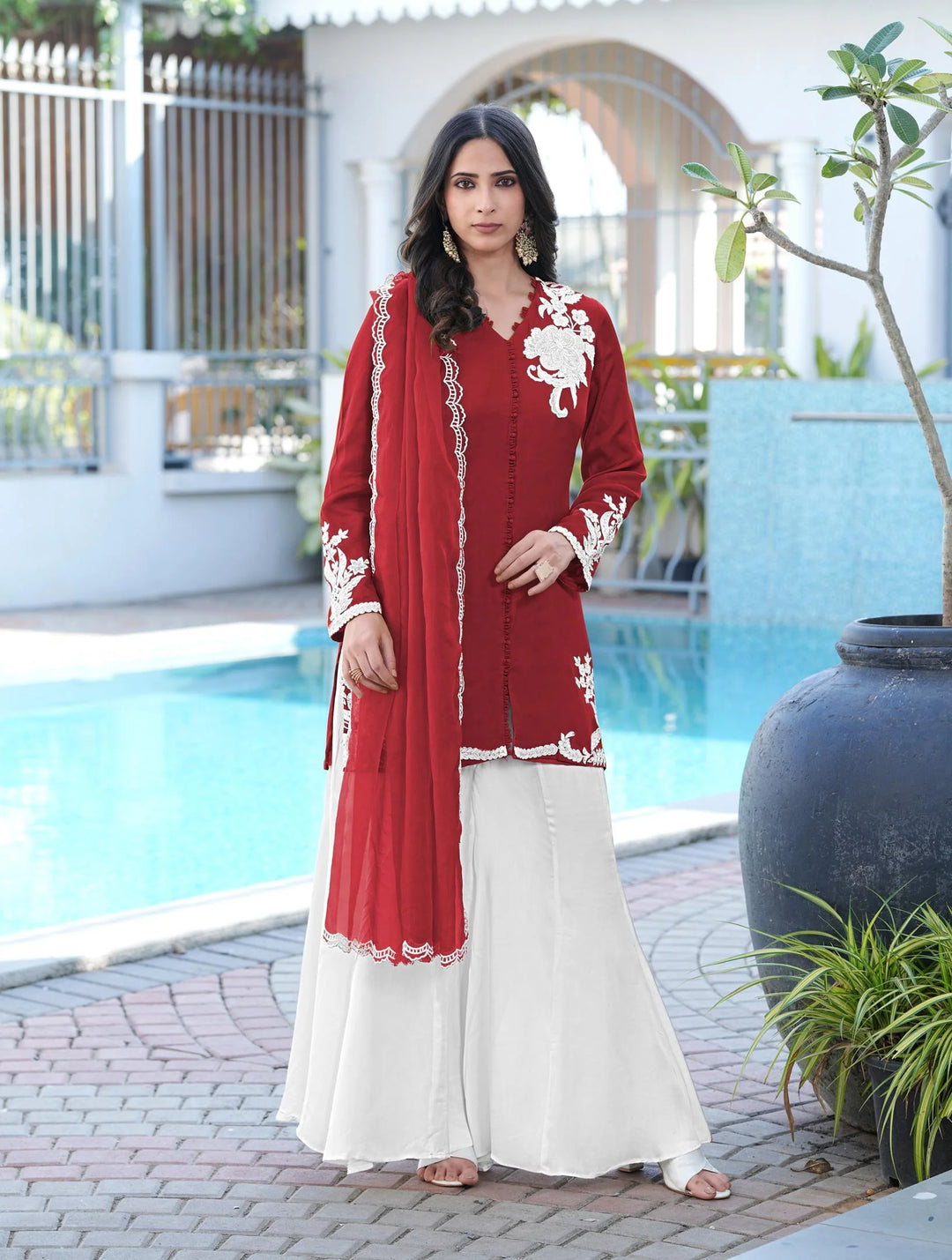 Maroon Hand Embroidery Modal Silk Straight Suit