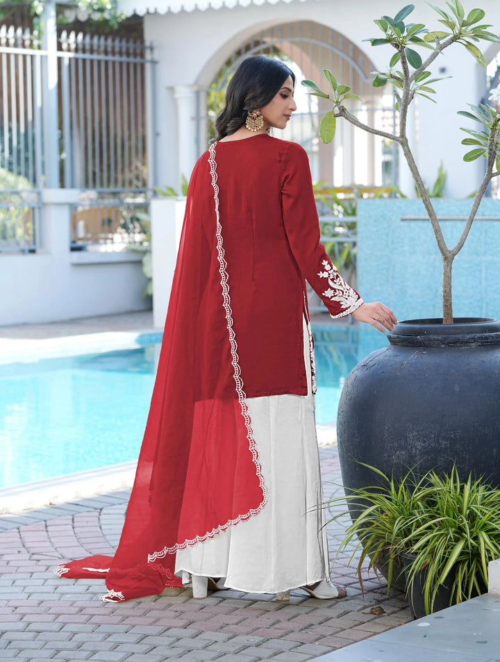 Maroon Hand Embroidery Modal Silk Straight Suit