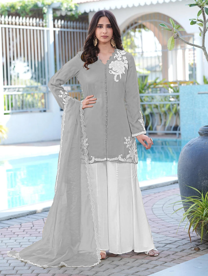Grey Hand Embroidery Modal Silk Straight Suit