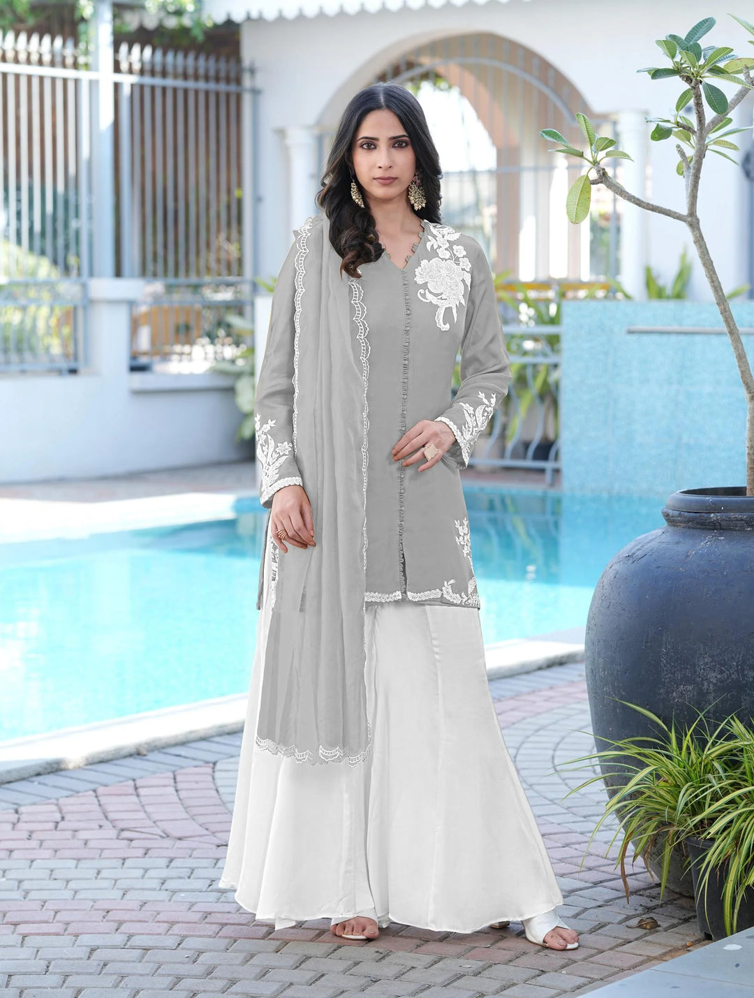 Grey Hand Embroidery Modal Silk Straight Suit