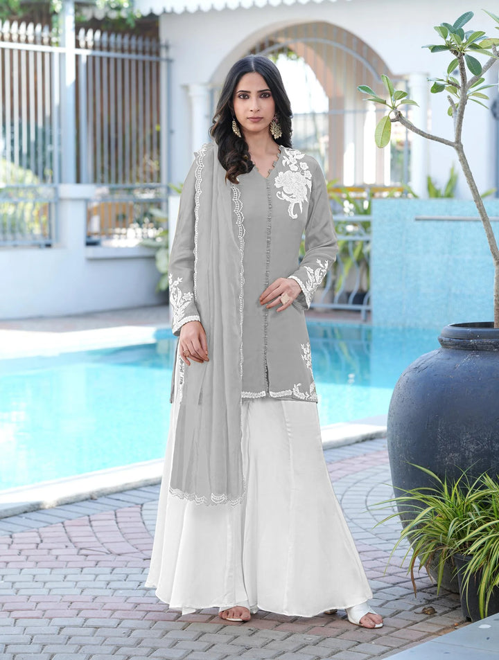 Grey Hand Embroidery Modal Silk Straight Suit