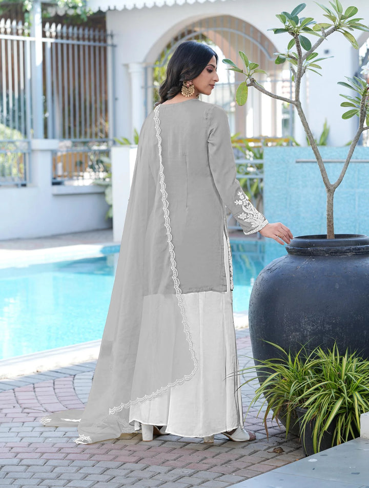 Grey Hand Embroidery Modal Silk Straight Suit