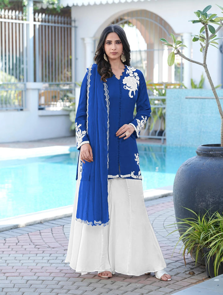 Royal Blue Hand Embroidery Modal Silk Straight Suit