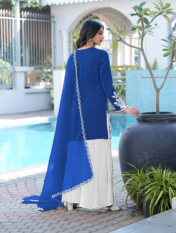 Royal Blue Hand Embroidery Modal Silk Straight Suit