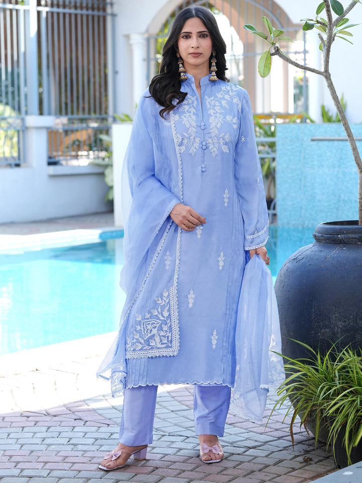 Light Purple Embroidered Modal Silk Straight Suit