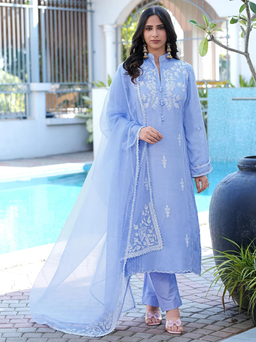 Light Purple Embroidered Modal Silk Straight Suit