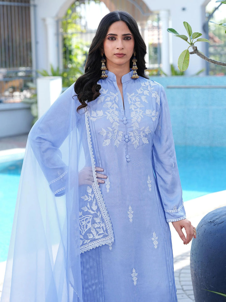 Light Purple Embroidered Modal Silk Straight Suit