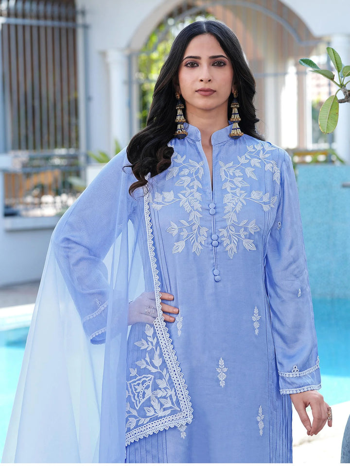 Light Purple Embroidered Modal Silk Straight Suit