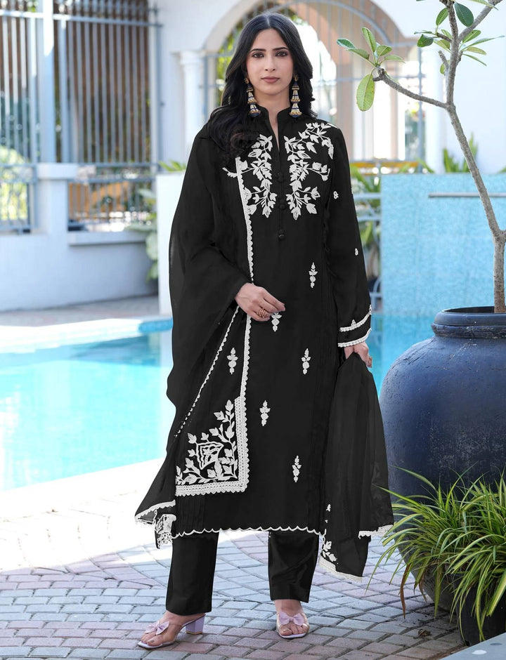 Black Embroidered Modal Silk Straight Suit