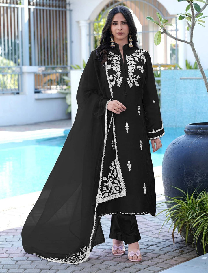 Black Embroidered Modal Silk Straight Suit