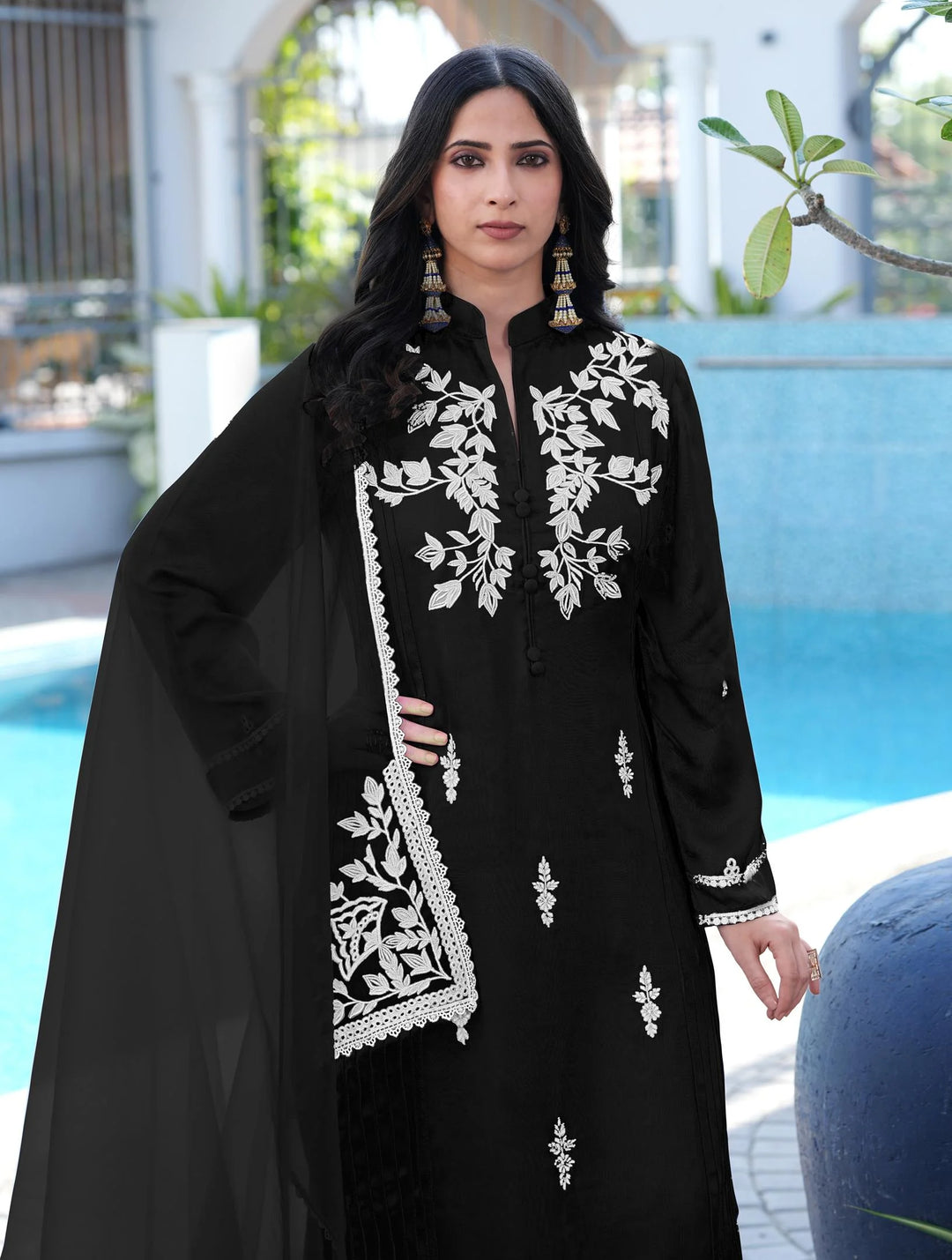 Black Embroidered Modal Silk Straight Suit