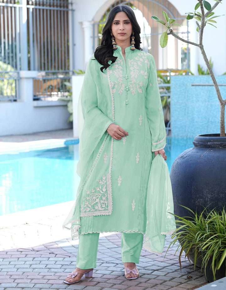 Light Green Embroidered Modal Silk Straight Suit