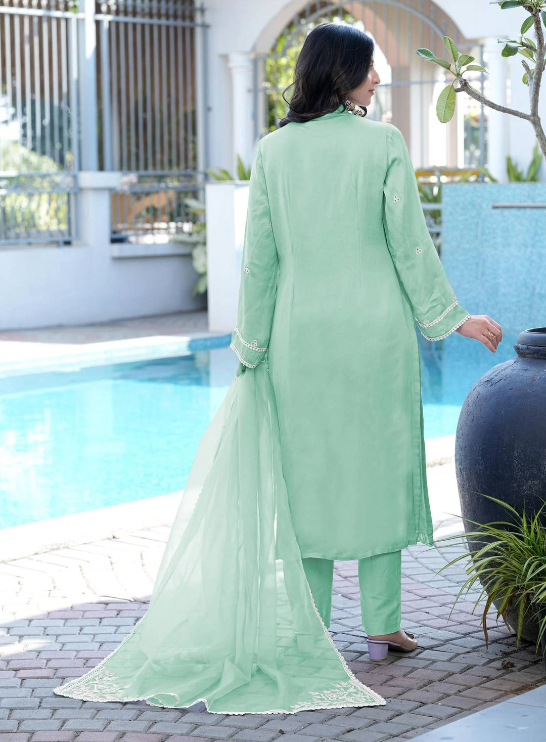 Light Green Embroidered Modal Silk Straight Suit