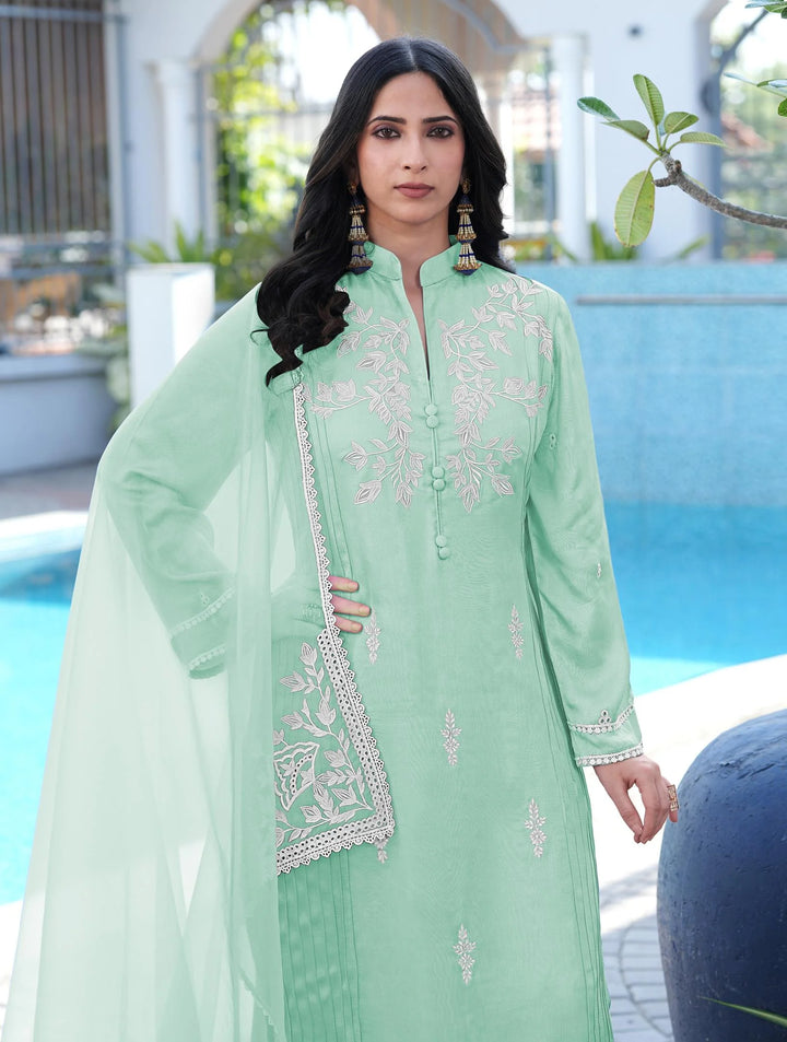 Light Green Embroidered Modal Silk Straight Suit