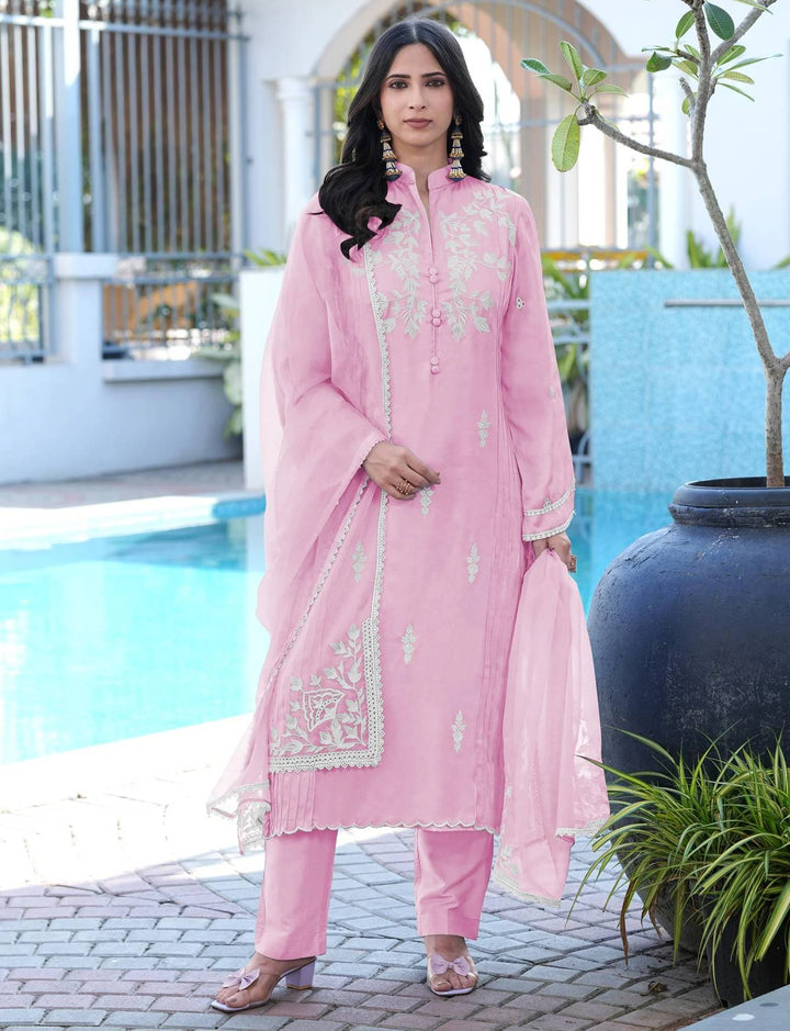 Light Pink Embroidered Modal Silk Straight Suit
