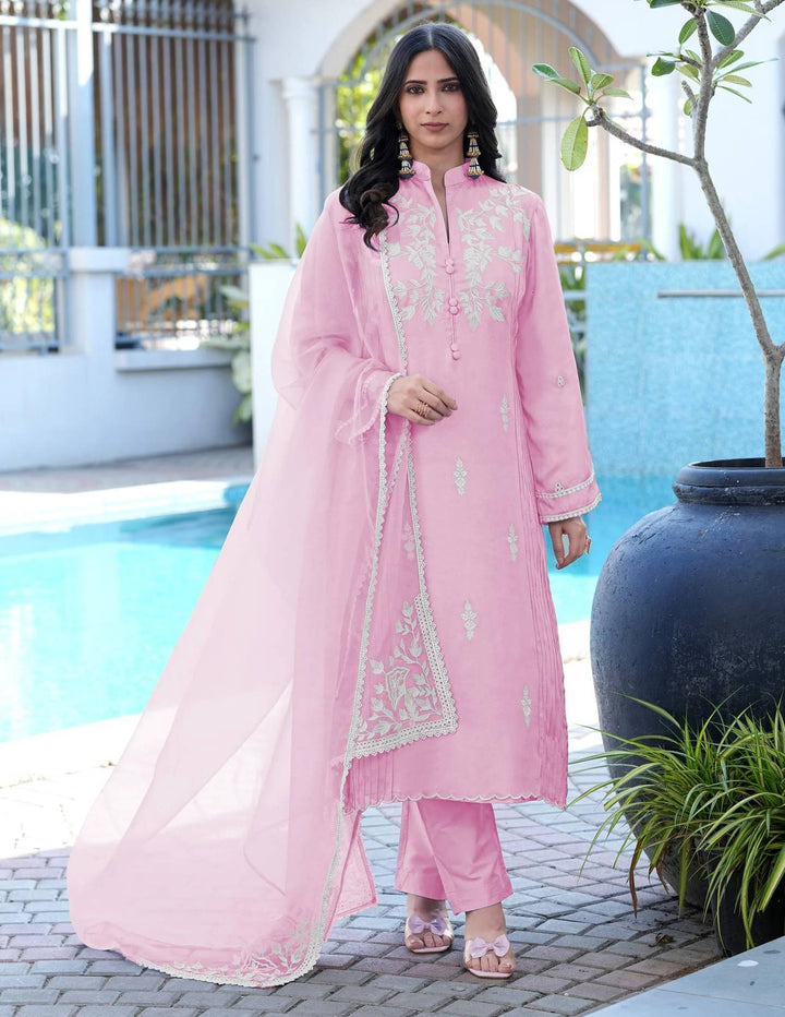 Light Pink Embroidered Modal Silk Straight Suit