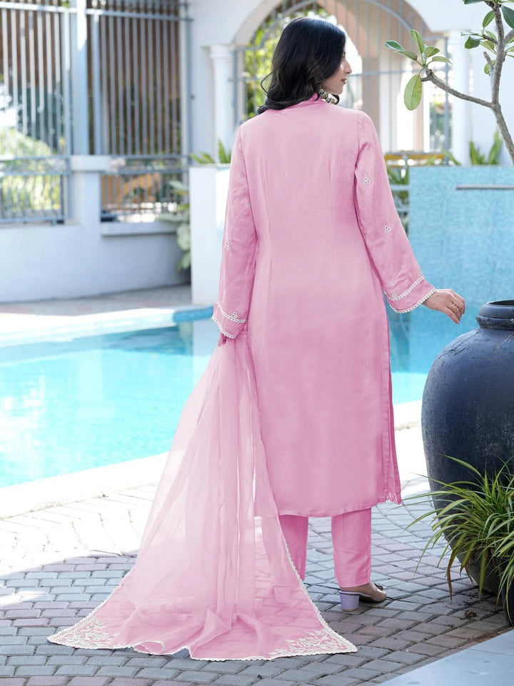 Light Pink Embroidered Modal Silk Straight Suit