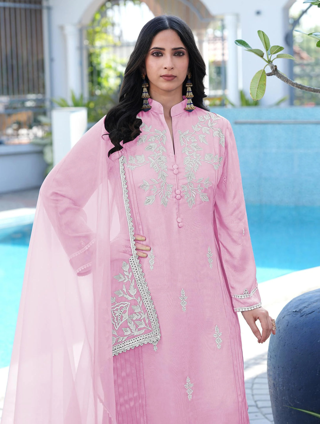 Light Pink Embroidered Modal Silk Straight Suit