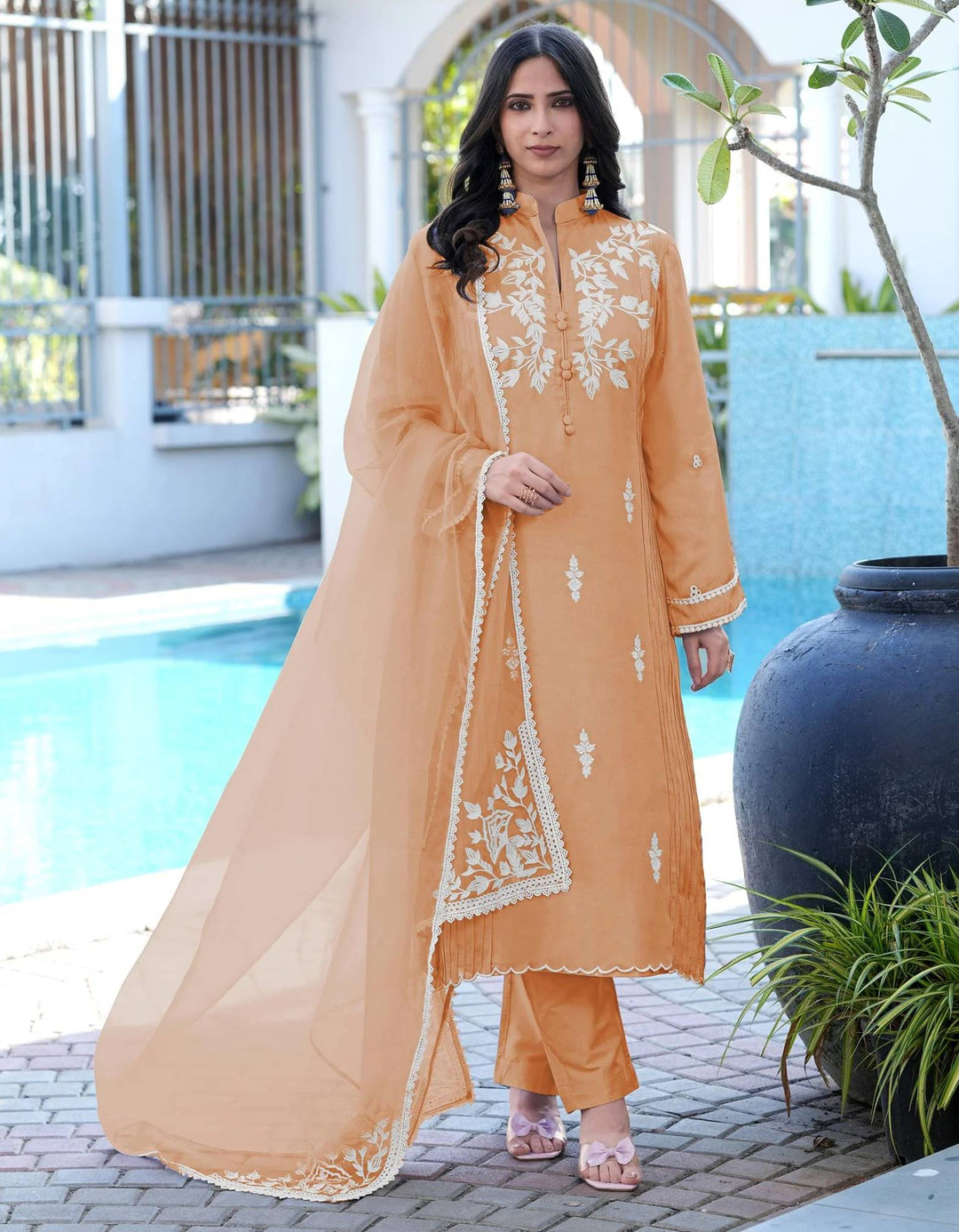 Orange Embroidered Modal Silk Straight Suit