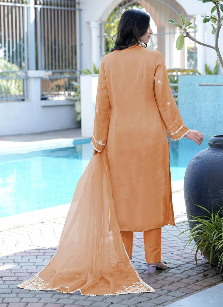 Orange Embroidered Modal Silk Straight Suit