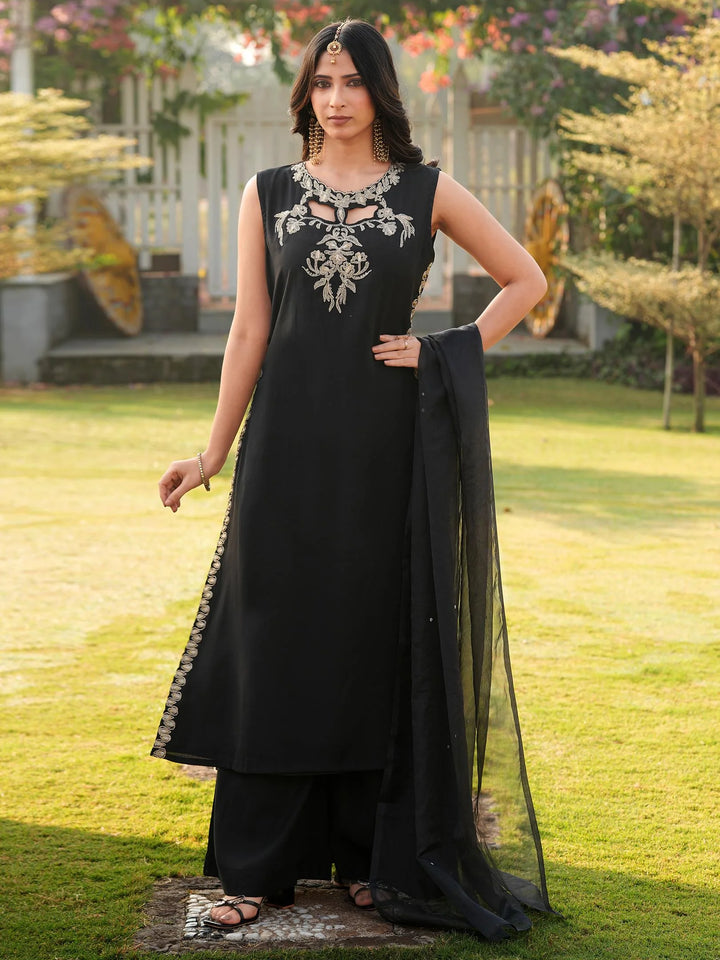 Black Embroidered Art Silk Straight Suit