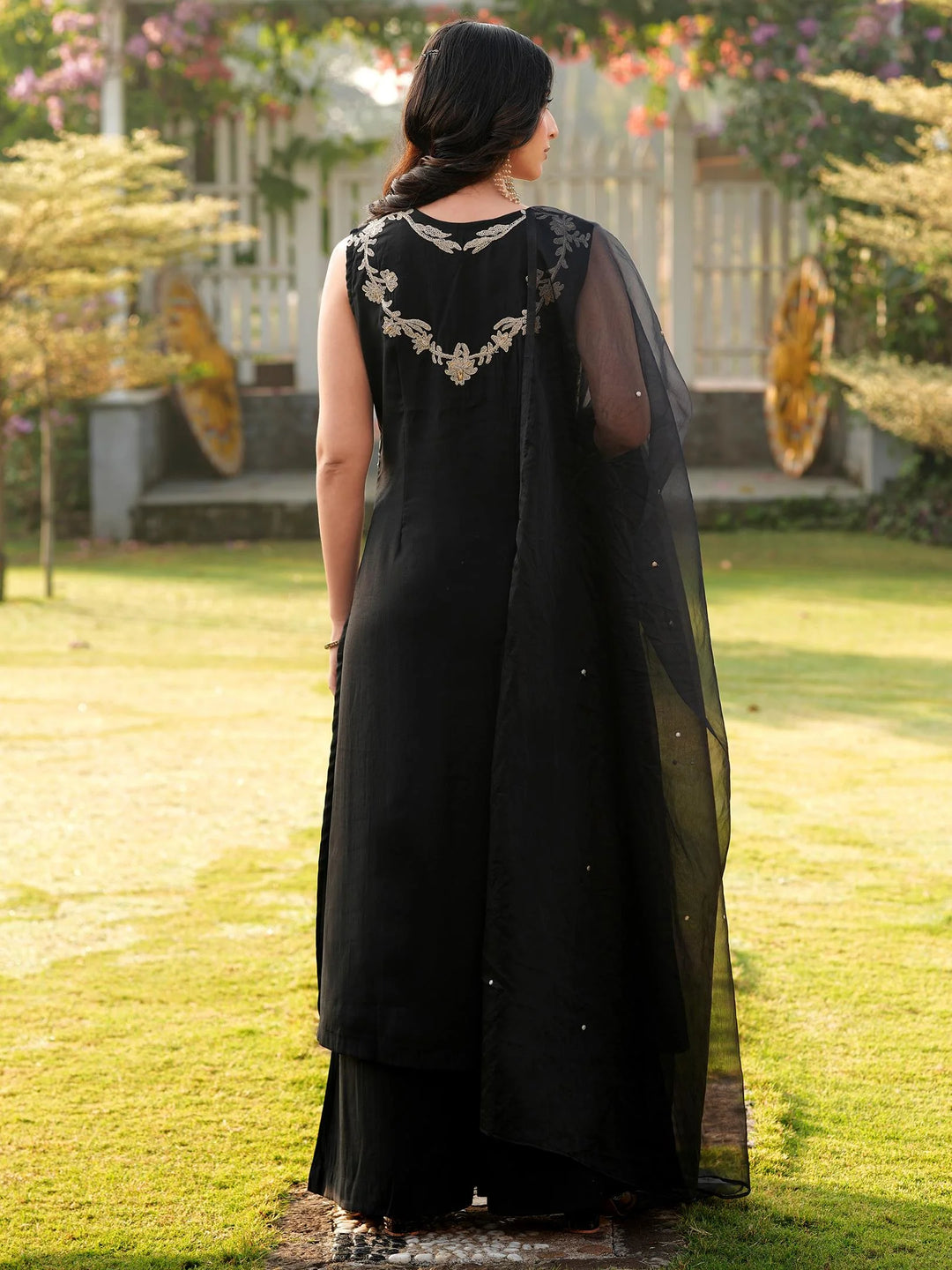 Black Embroidered Art Silk Straight Suit