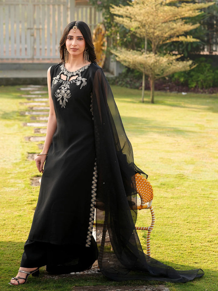 Black Embroidered Art Silk Straight Suit