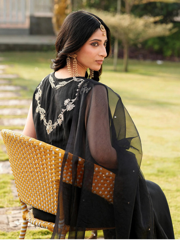 Black Embroidered Art Silk Straight Suit