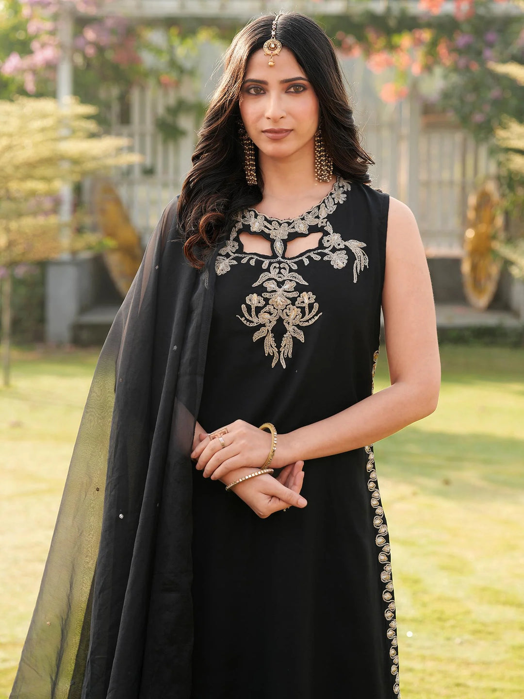 Black Embroidered Art Silk Straight Suit