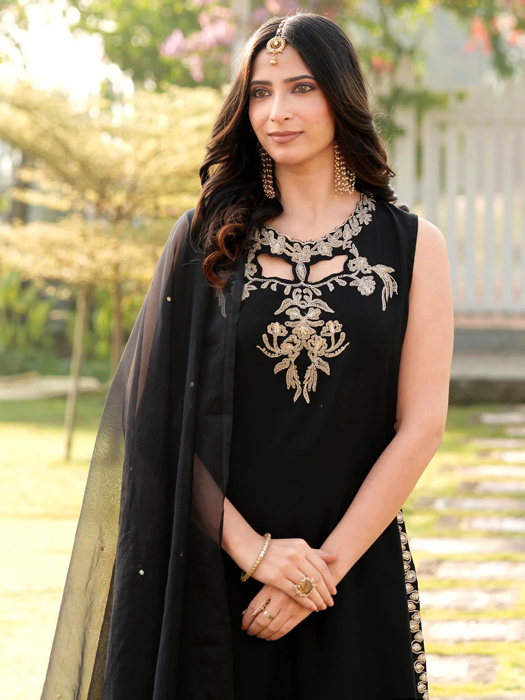 Black Embroidered Art Silk Straight Suit
