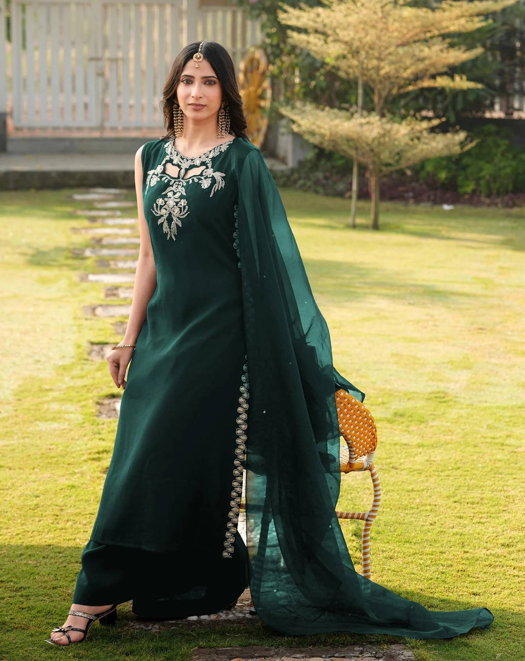 Dark Green Embroidered Art Silk Straight Suit