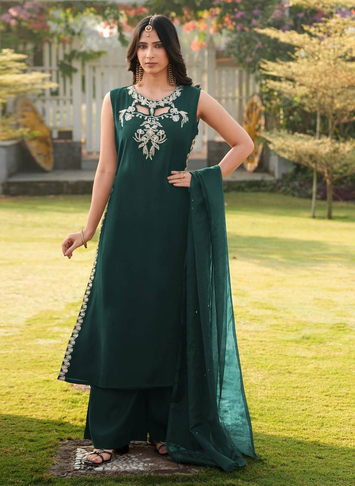 Dark Green Embroidered Art Silk Straight Suit