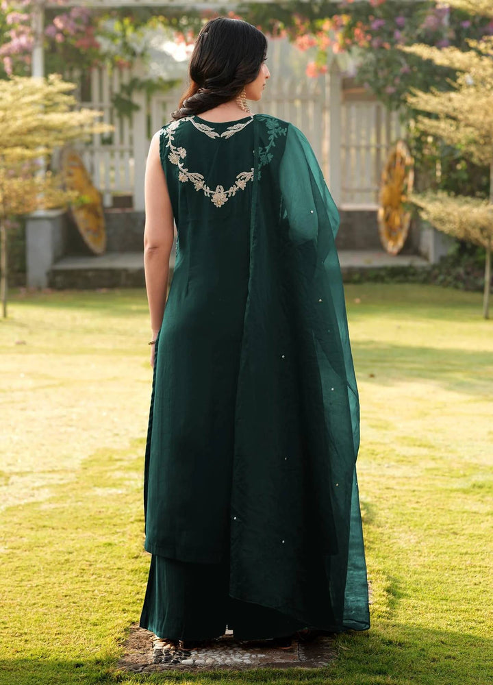 Dark Green Embroidered Art Silk Straight Suit