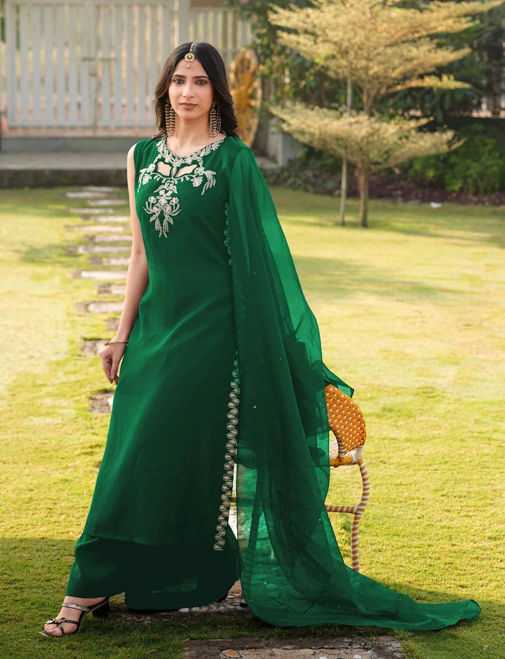 Green Embroidered Art Silk Straight Suit