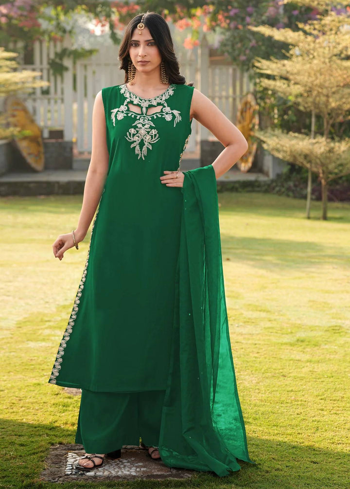 Green Embroidered Art Silk Straight Suit