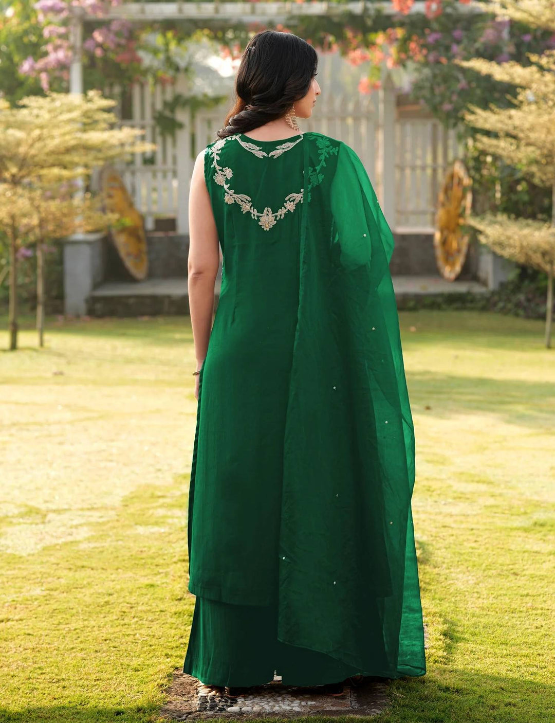 Green Embroidered Art Silk Straight Suit