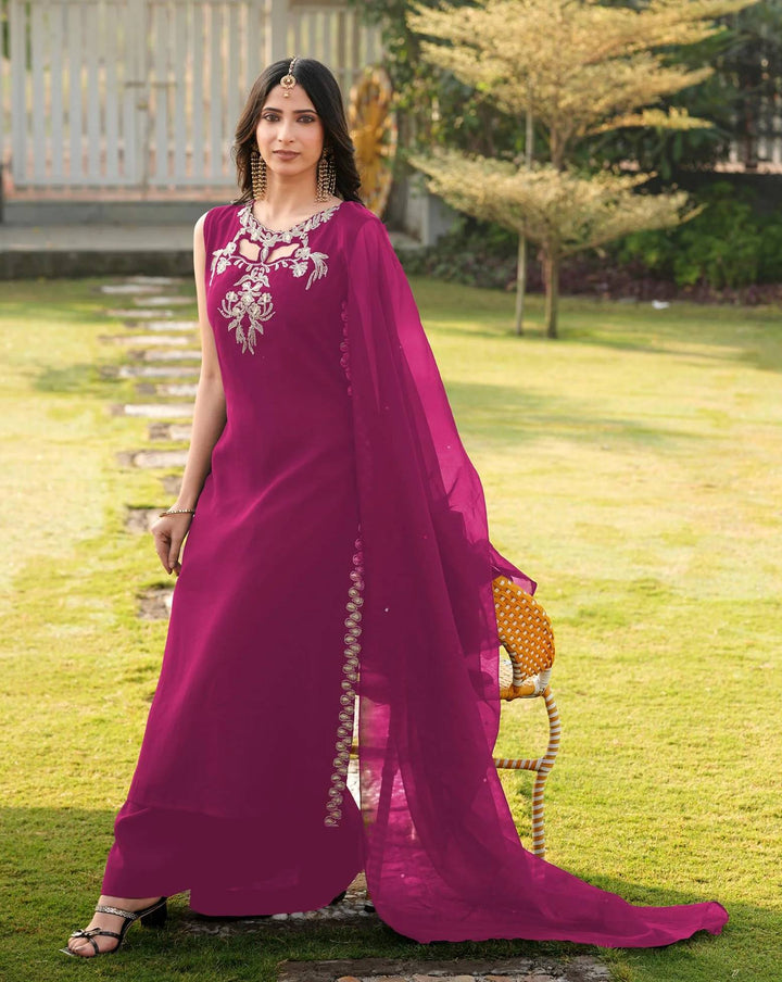 Magenta Embroidered Art Silk Straight Suit