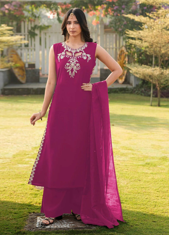 Magenta Embroidered Art Silk Straight Suit