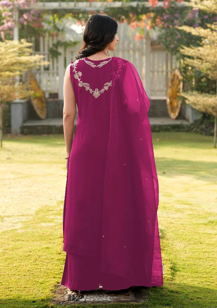 Magenta Embroidered Art Silk Straight Suit