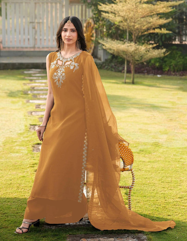 Light Brown Embroidered Art Silk Straight Suit