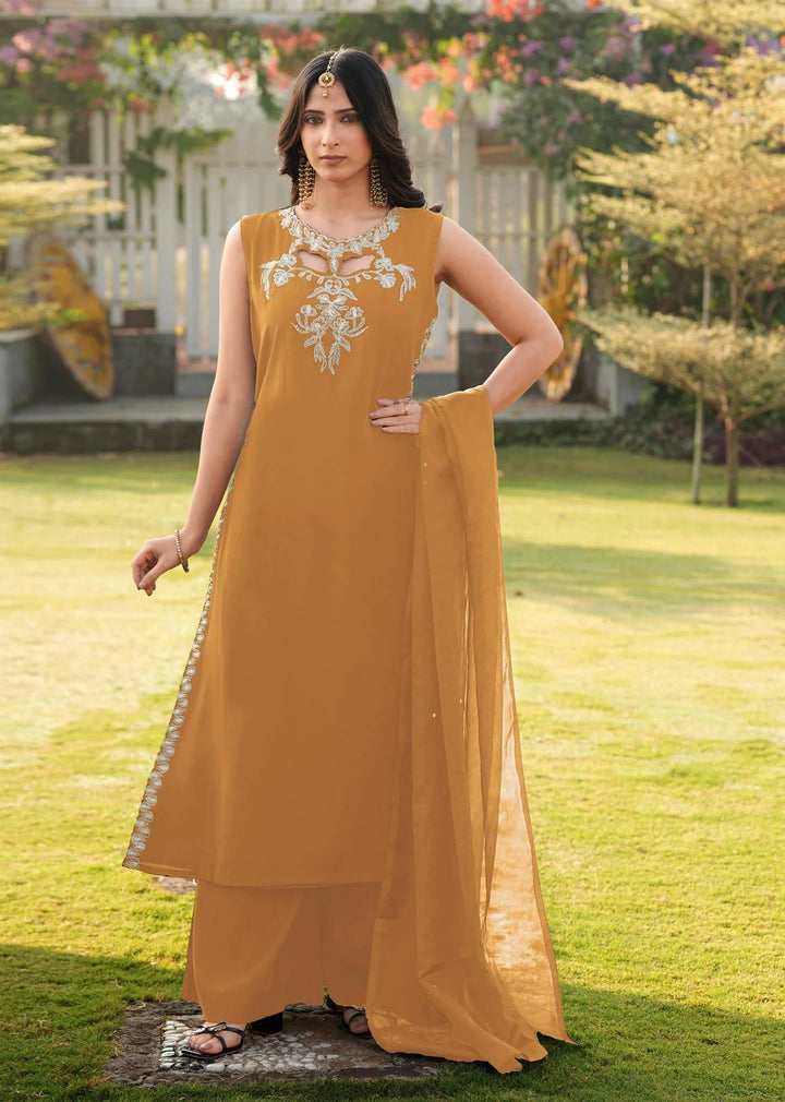 Light Brown Embroidered Art Silk Straight Suit