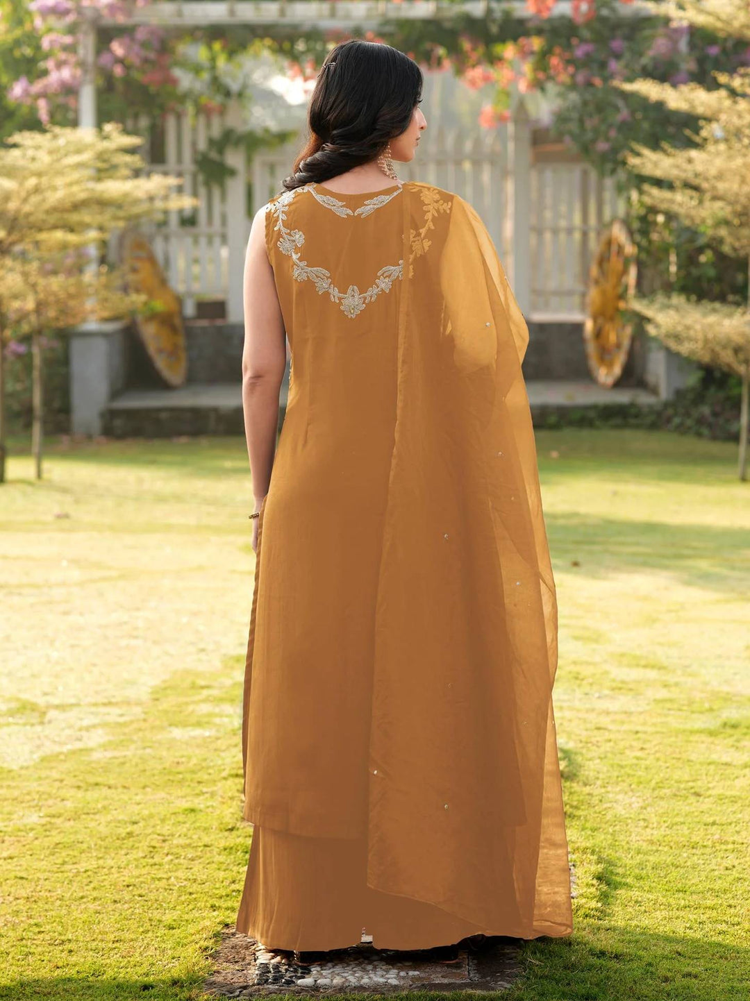 Light Brown Embroidered Art Silk Straight Suit