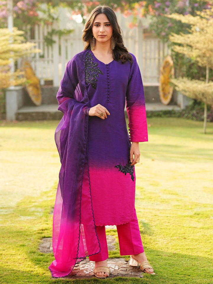 Dark Purple Embroidered Art Silk Straight Suit
