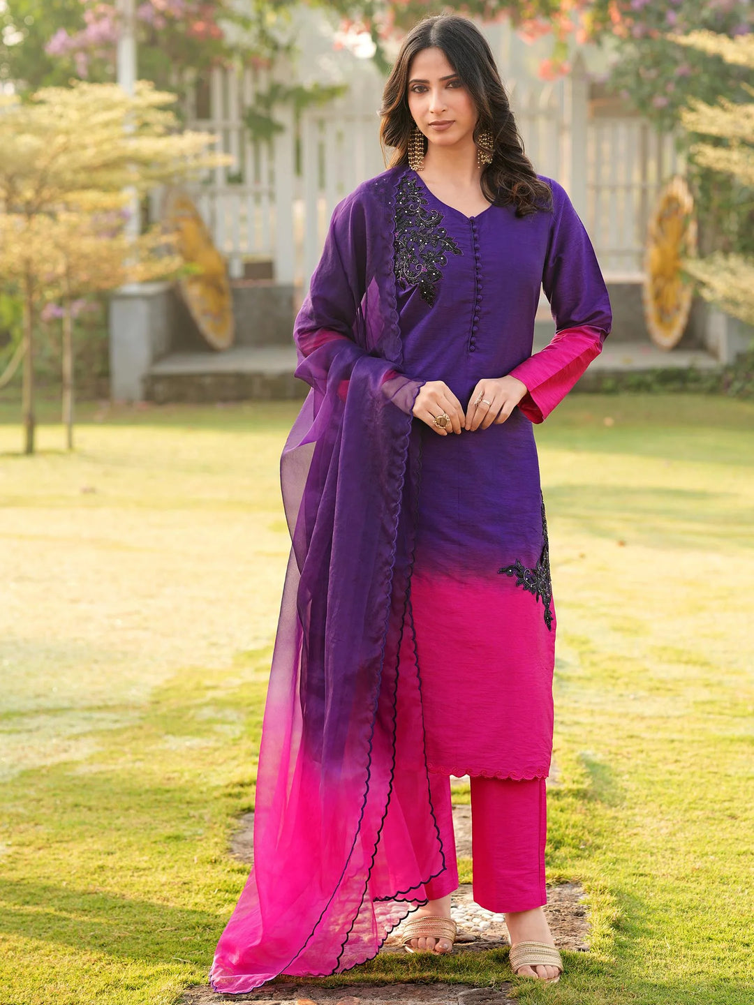 Dark Purple Embroidered Art Silk Straight Suit