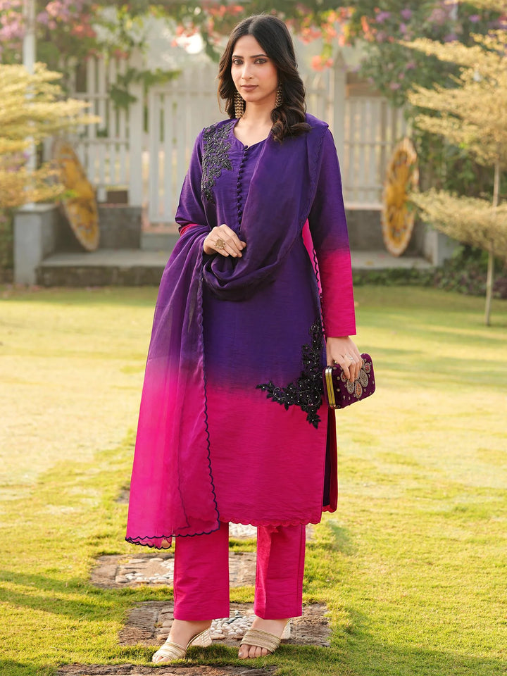 Dark Purple Embroidered Art Silk Straight Suit