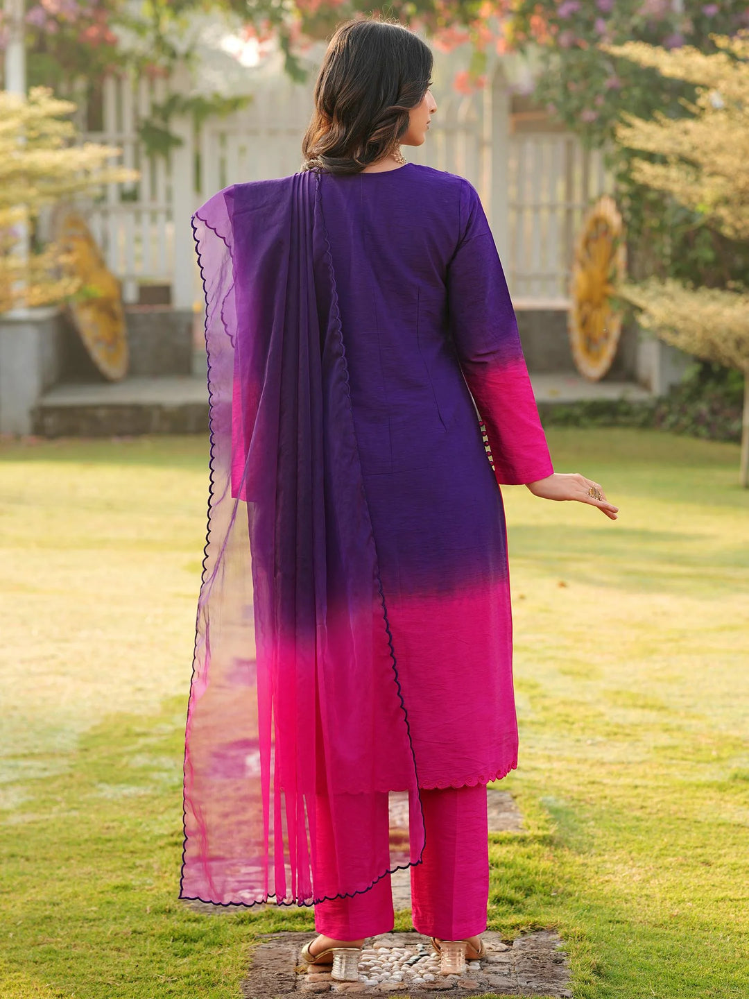 Dark Purple Embroidered Art Silk Straight Suit