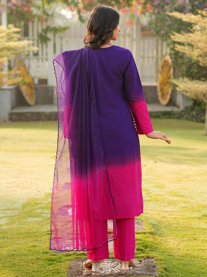 Dark Purple Embroidered Art Silk Straight Suit